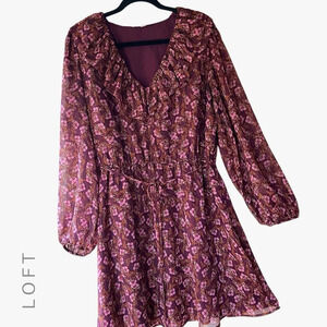 LOFT Pink and Burgundy Floral Long-Sleeve Dress